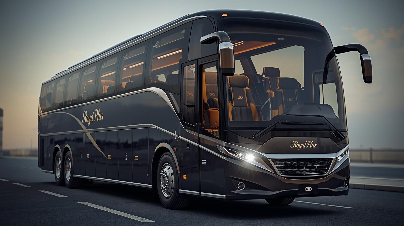 Dark coach with gold trim and Royal Plus branding on a road.