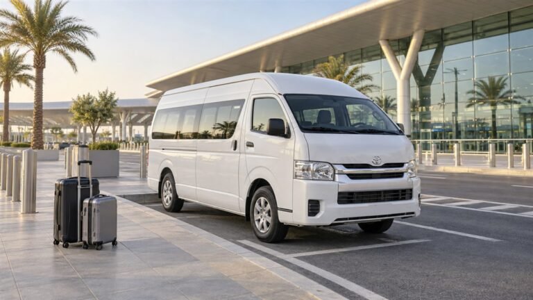 Airport transfer Dubai to Abu Dhabi – illustration of a white passenger van beside an airport terminal
