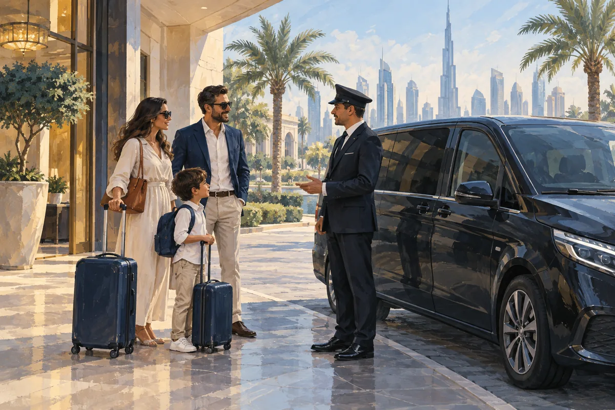 Illustration of a family with luggage meeting their chauffeur in Dubai.