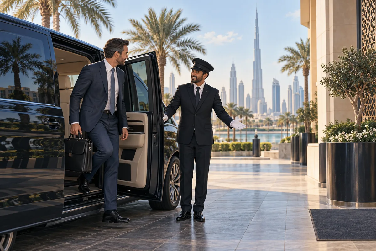 Illustration of a chauffeur welcoming a business traveller beside a passenger van in Dubai.