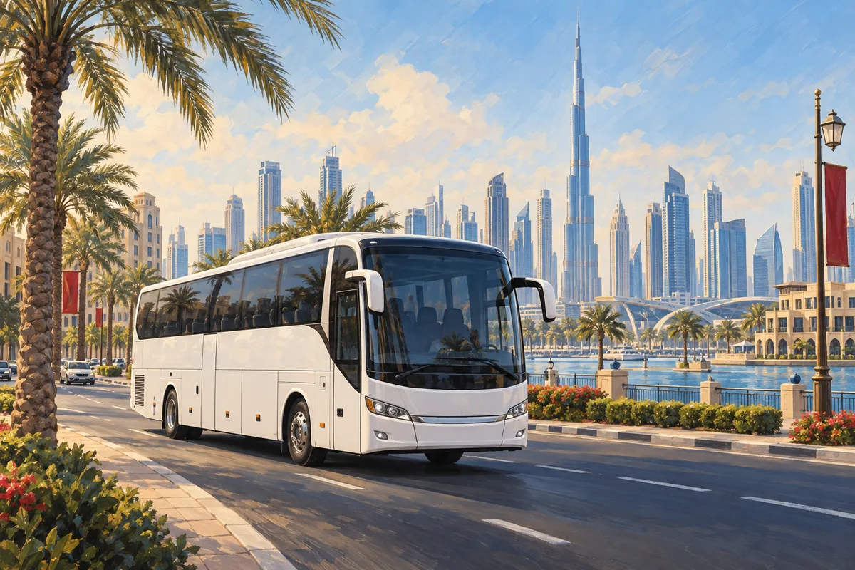 Illustration of a sightseeing coach with Dubai skyline and Burj Khalifa.