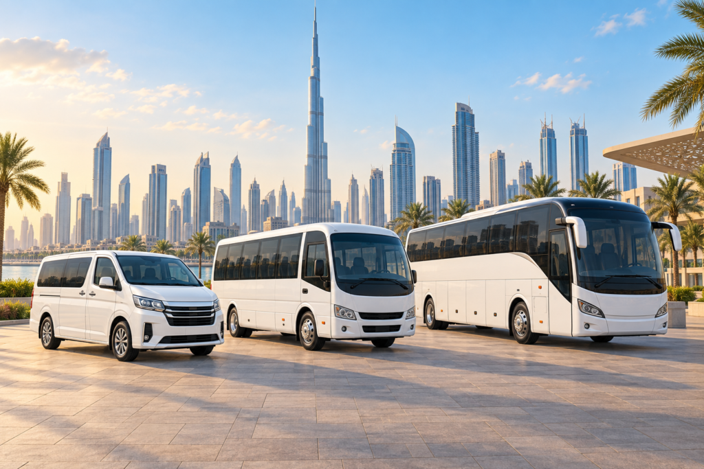 Illustration of a white passenger van, minibus and coach with the Dubai skyline