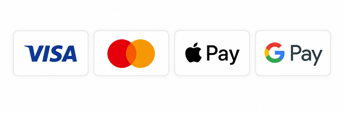 Accepted payments: Visa, Mastercard, Apple Pay and Google Pay.